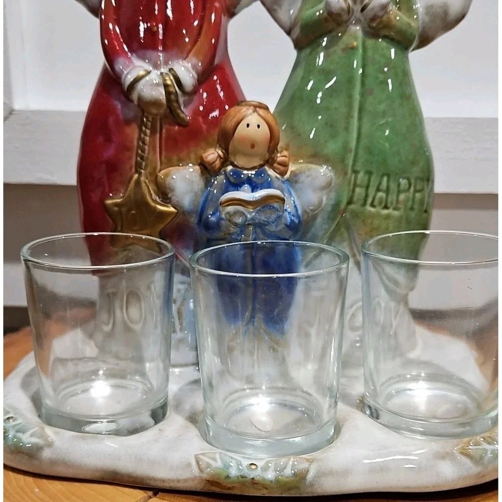 Vintage Kirklands Ceramic Angel Triple Votive Candle Holder Figure Christmas Joy